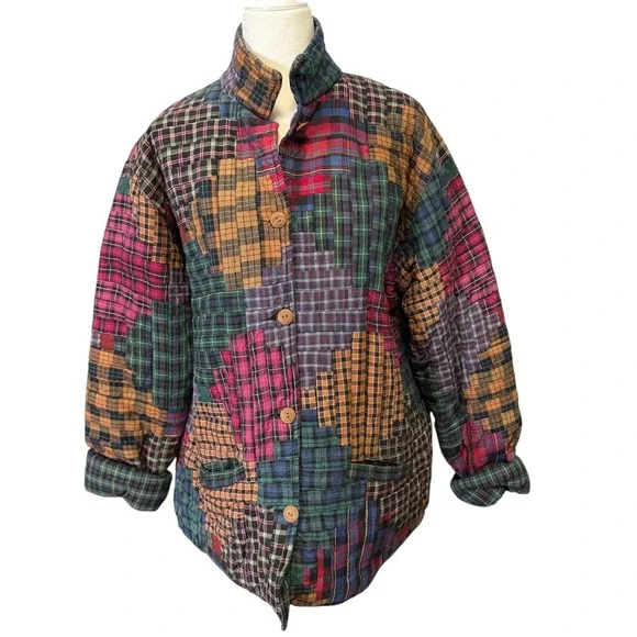 Patch Magic Quilted Plaid Insulated Reversible Button Up Jacket Women's MED - Picture 1 of 14